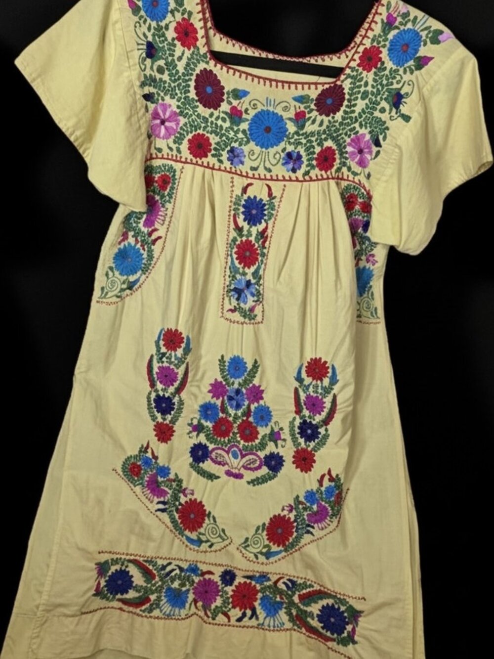 Vintage 1950s Mexican Embroidered Yellow Floral Puebla Midi Dress